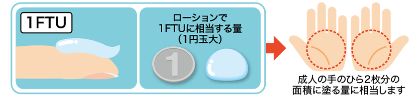 ローションで1FTUに相当する量（1円玉大）→成人の手のひら2枚分の面積に塗る量に相当します